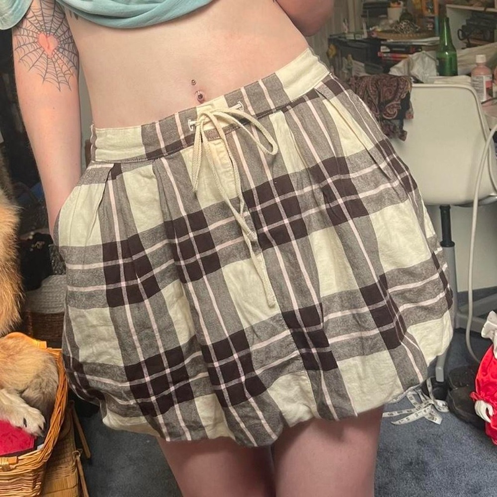Women's Cream and Brown Plaid Drawstring Mini Skirt from Aerie